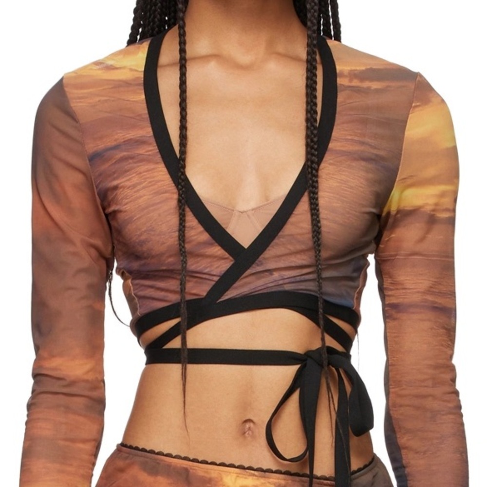 Priscavera Sunset Printed Mesh Wrap Around Top
